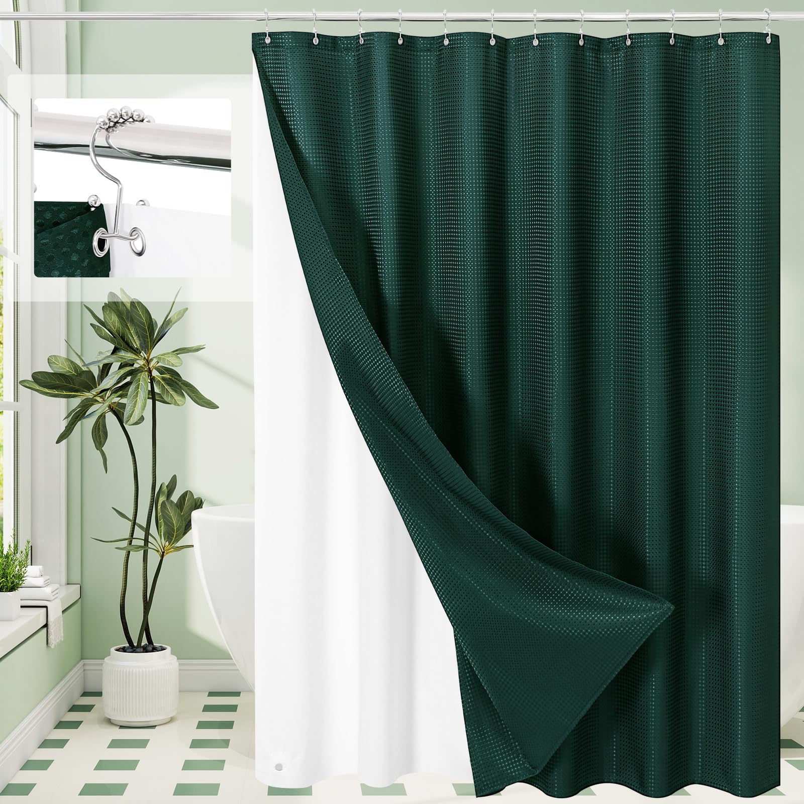 Craidlela 3 in 1 Shower Curtain Set, Dark Green Waffle Shower Curtain and PEVA Liner Set with 12 Stainless Steel Shower Curtain Hooks, Waterproof Shower Curtains for Bathroom, 72 W x 72 H