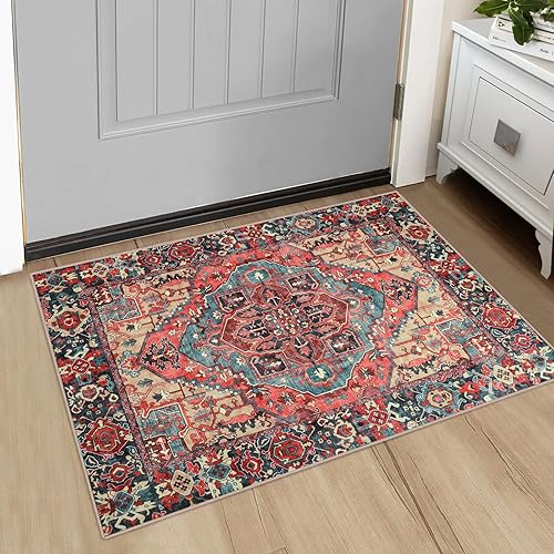 Miniatura 2 de Worxvell Alfombras de entrada de 2 x 3 pulgadas, alfombra vintage antideslizante y lavable para puerta interior, alfombra pequeña envejecida para
