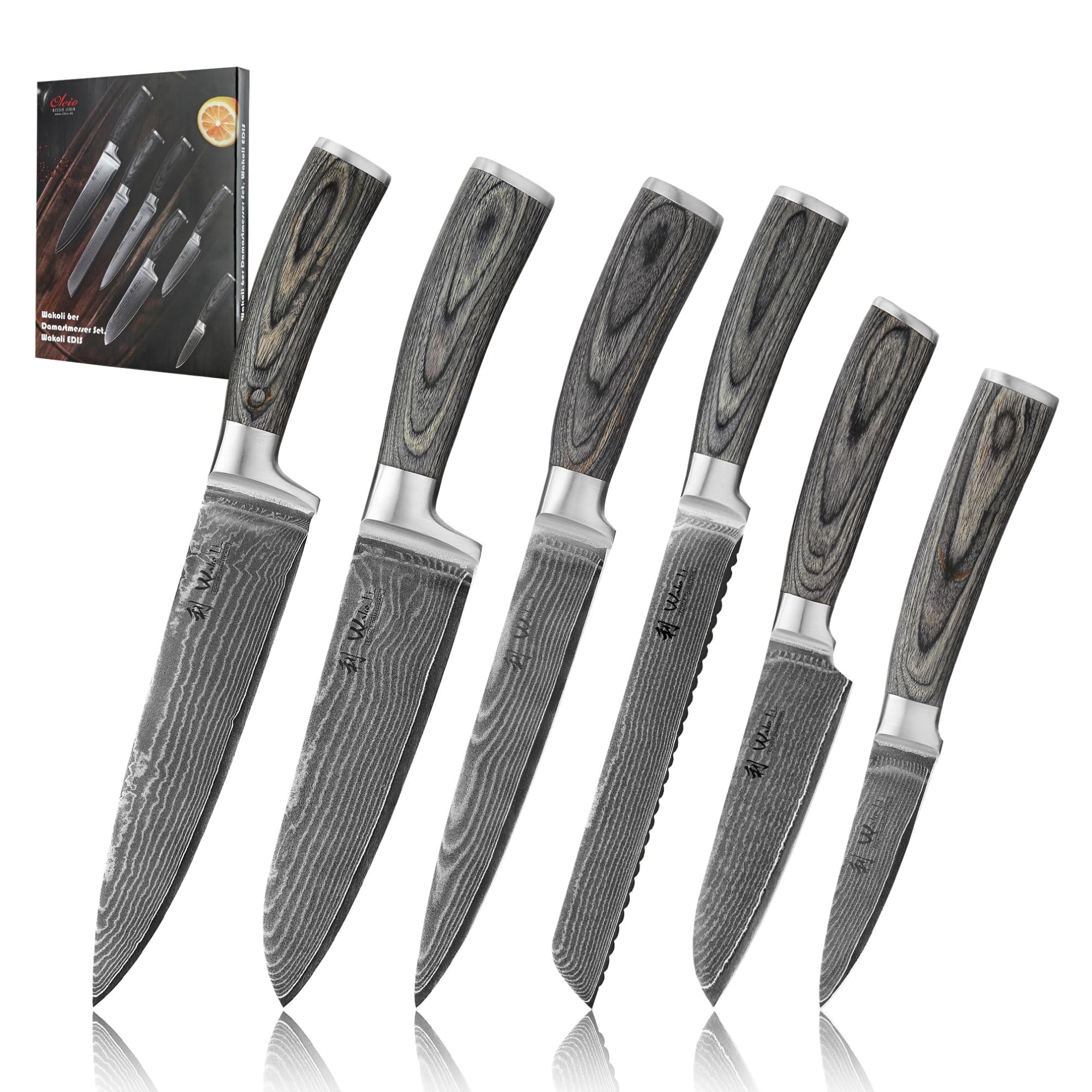 Wakoli EDIS Set coltelli da cucina professionali, 6 pezzi, acciaio Damasco