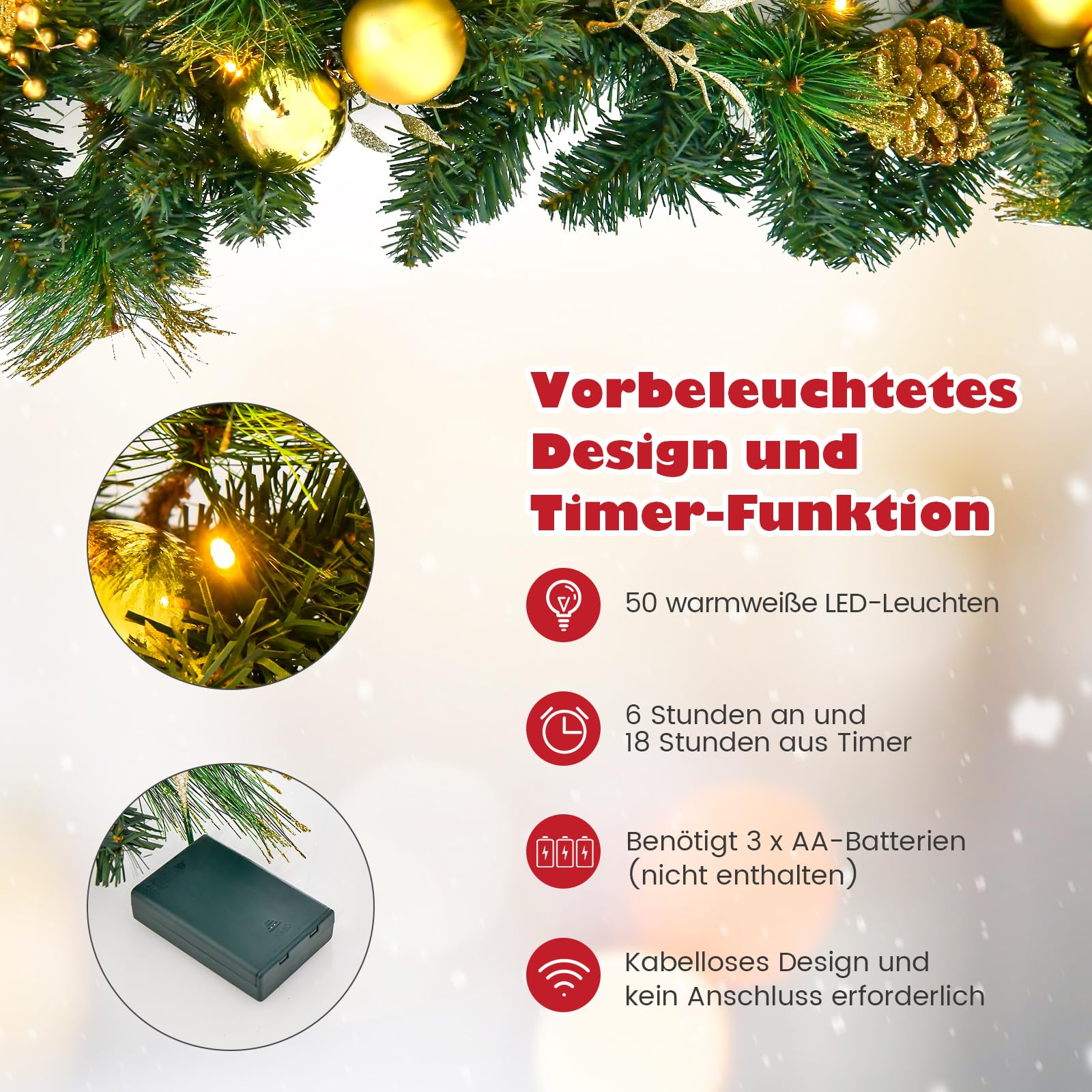 COSTWAY 270cm Weihnachtsgirlande mit Beleuchtung, 50 LEDs warmweiß, künstliche Tannengirlande mit Tannenzapfen & goldenen Kugeln, Tür Kamine Treppe Innen Außen, beleuchtete Weihnachtsdeko, Grün