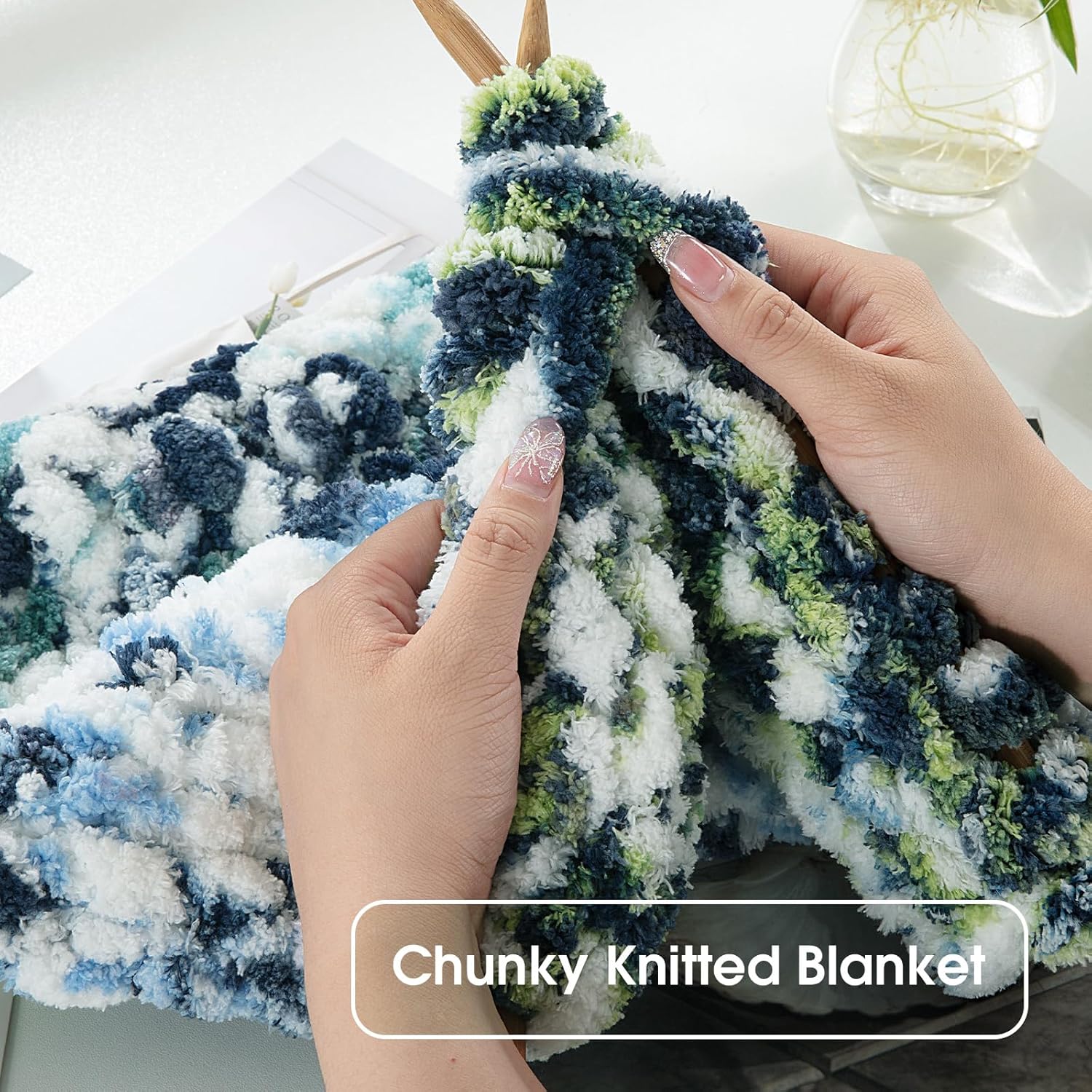 HOMBYS Chunky Chenille Yarn for Hand Knitting,Super Bulky Giant Thick Yarn for Crocheting,Big Soft Plush Yarn for Chunky Blanket,Tie-Dye Multicolor Fluffy Jumbo Yarn,Blue(Blue White,8 Pack)