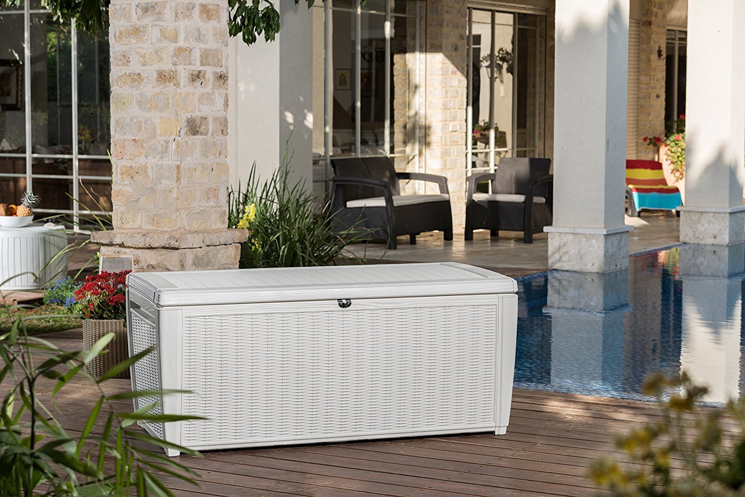 Koll Living Auflagenbox/Kissenbox 511 Liter l 100% Wasserdicht l mit Belüftung dadurch kein übler Geruch/Schimmel l Moderne Rattanoptik l l Deckel belastbar bis 200 KG (2 Personen) - Poolbox