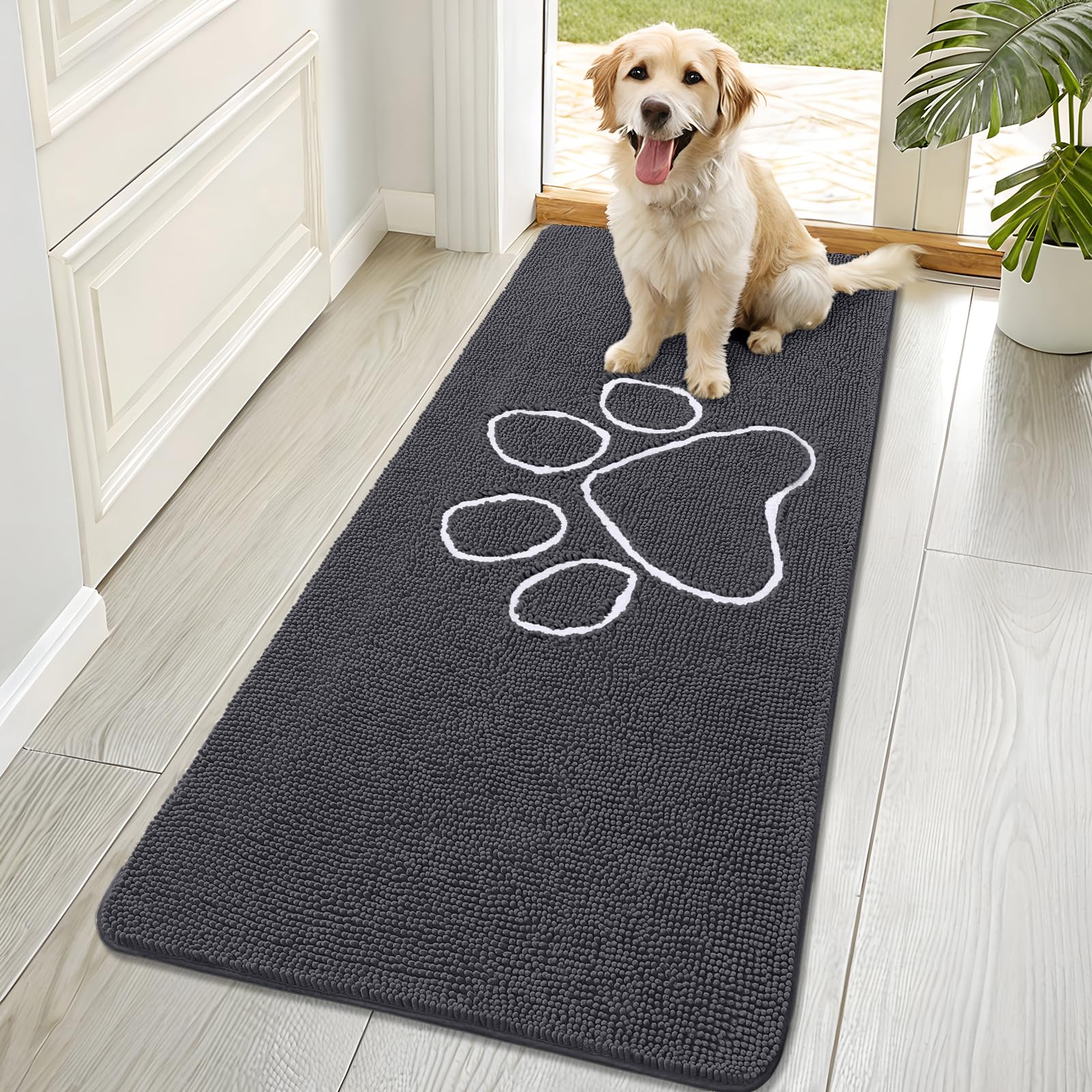 OLANLY Dog Door Mat for Muddy Paws 70x32, Paw Print Design Chenille Mud Mat