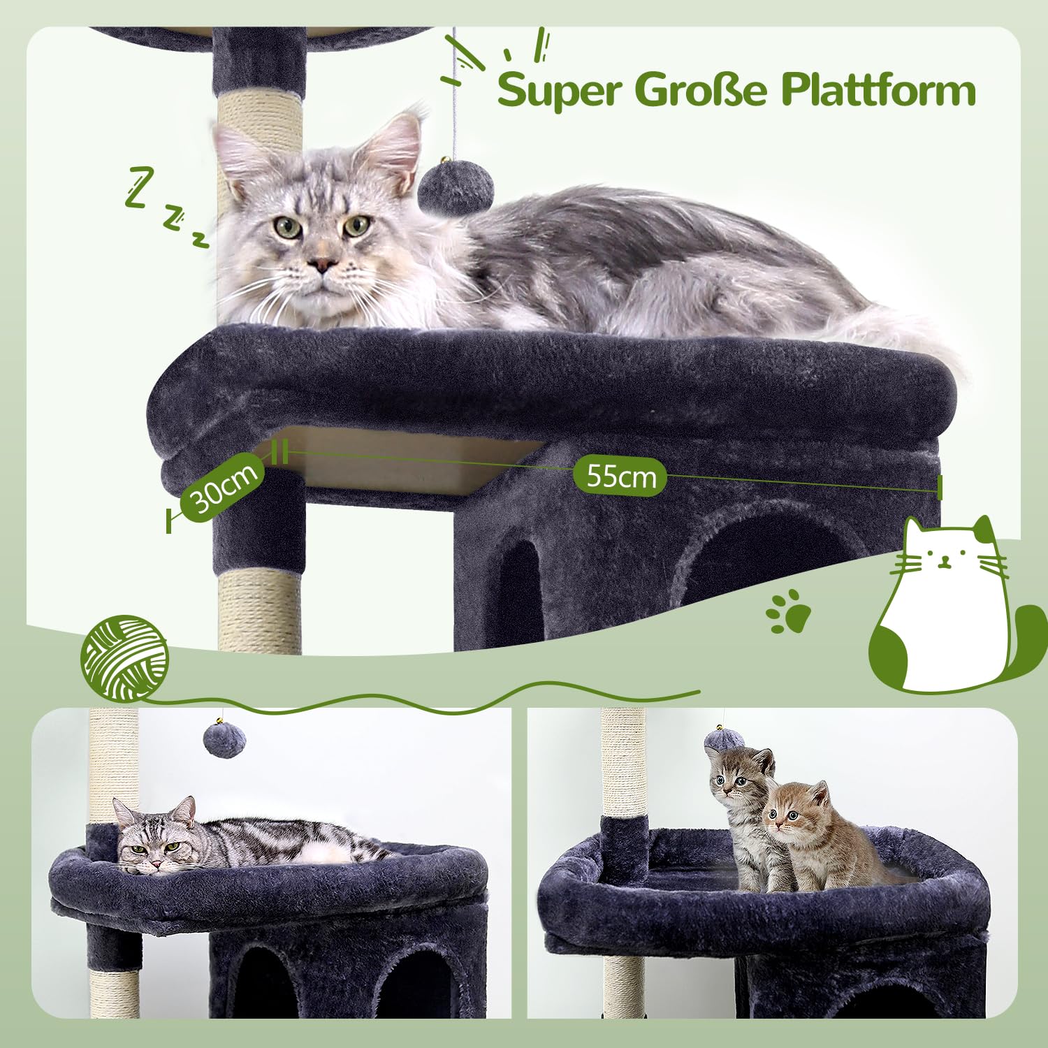 Globlazer Kratzbaum Groß Hoch 183 cm mit Katzenhaus Groß Plattform Korb Sitzstangen Bett Plüsch Katzenspielzeug, Katzenbaum Stabil für Große Katzen Maine Coon Britisch Kurzhaar (S72, Dunkelgrau)
