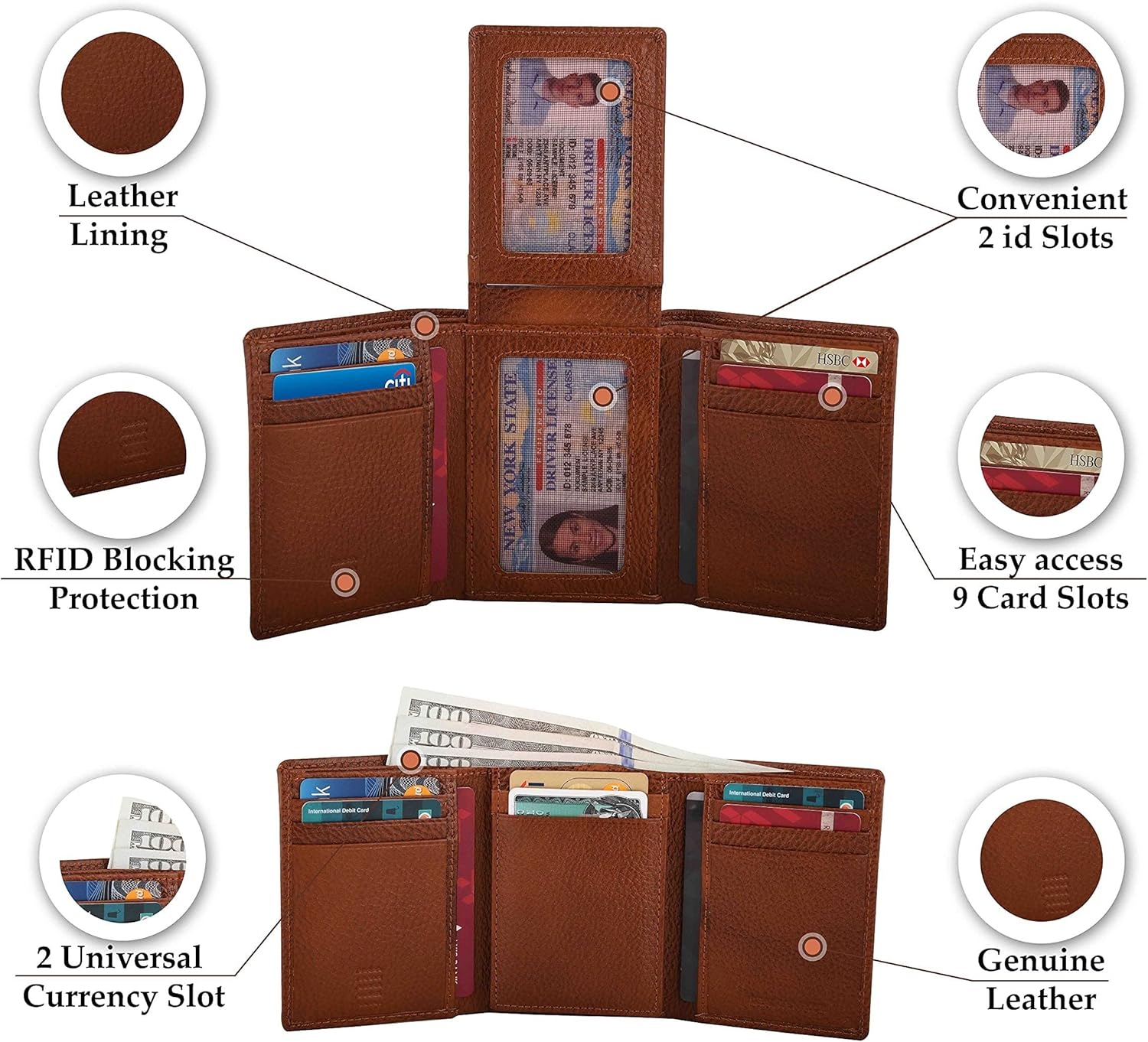 Genuine Leather RFID Trifold/Zipper Around Wallet for Men Horizontal/Vertical Zippered Wallet and Card Holder | Ideal Gift for Men and Women