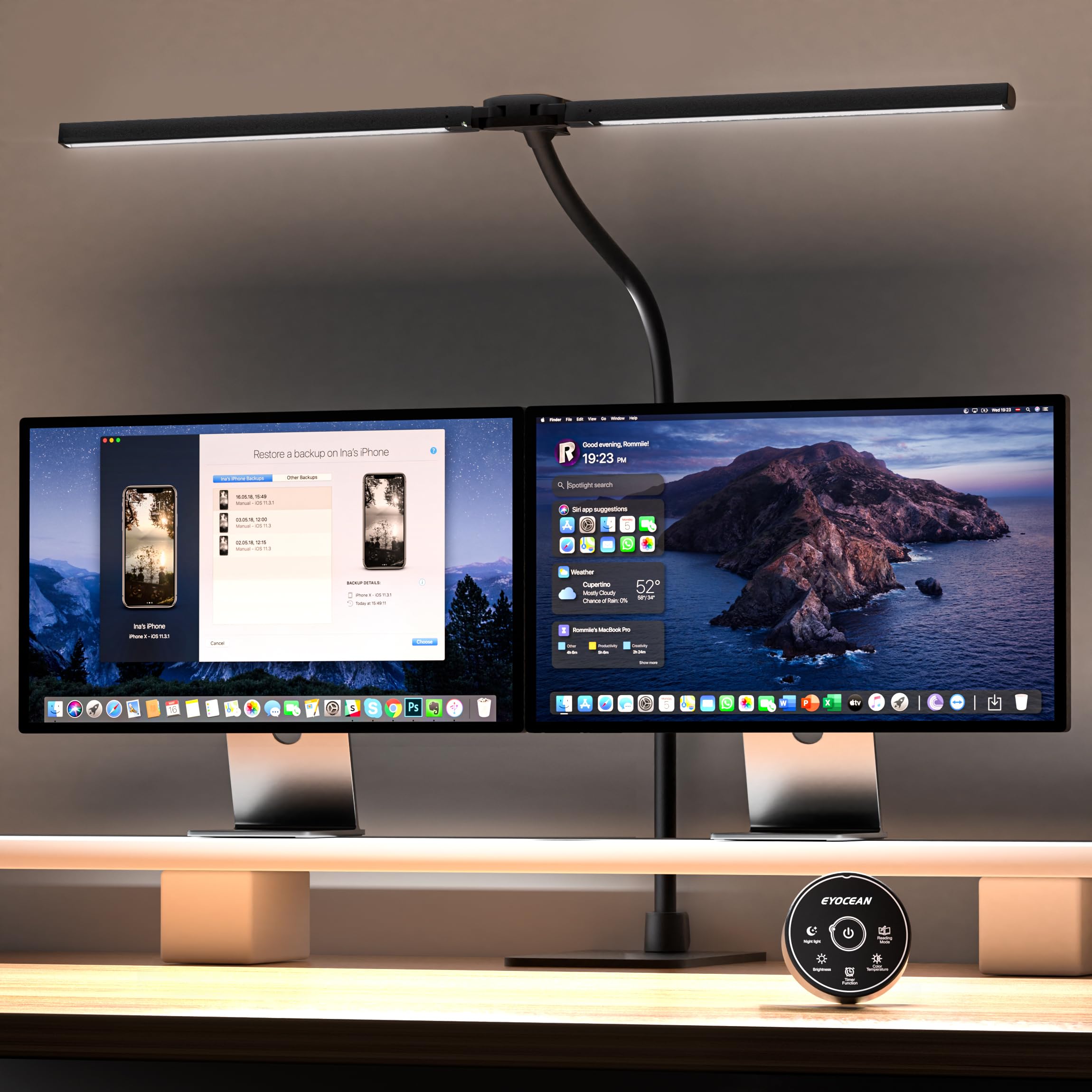 EYOCEAN Desk Lamp, Double Head Desk Lamp, Clampable, 24 W 80 cm Daylight Lamp Desk with Remote Control, Dimmable Monitor Lamp, Office Table Lamp, Eye Protection Screen Lamp