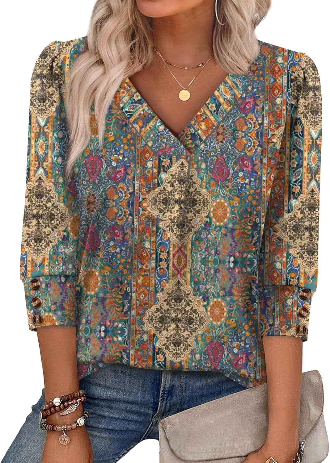 OFEEFAN Womens 3/4 Sleeve Tops with Buttons V Neck Summer Outfits Dressy Casual Blouses for Women Fashion Clothes