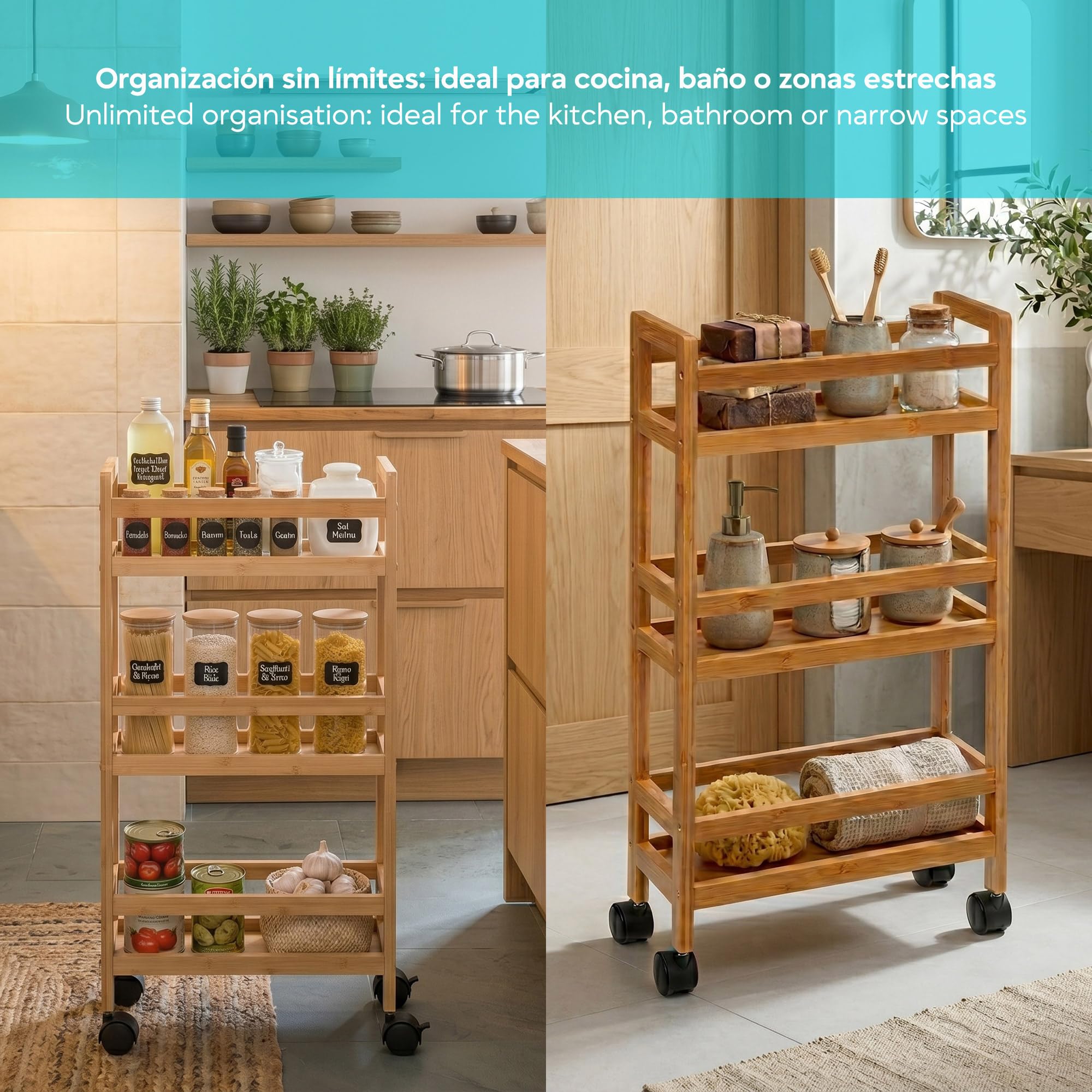 Well Home - Carrello ausiliario in bambù con ruote, 36 x 15 x 74,5 cm, 3 livelli, ideale per cucina, bagno e ufficio, salvaspazio