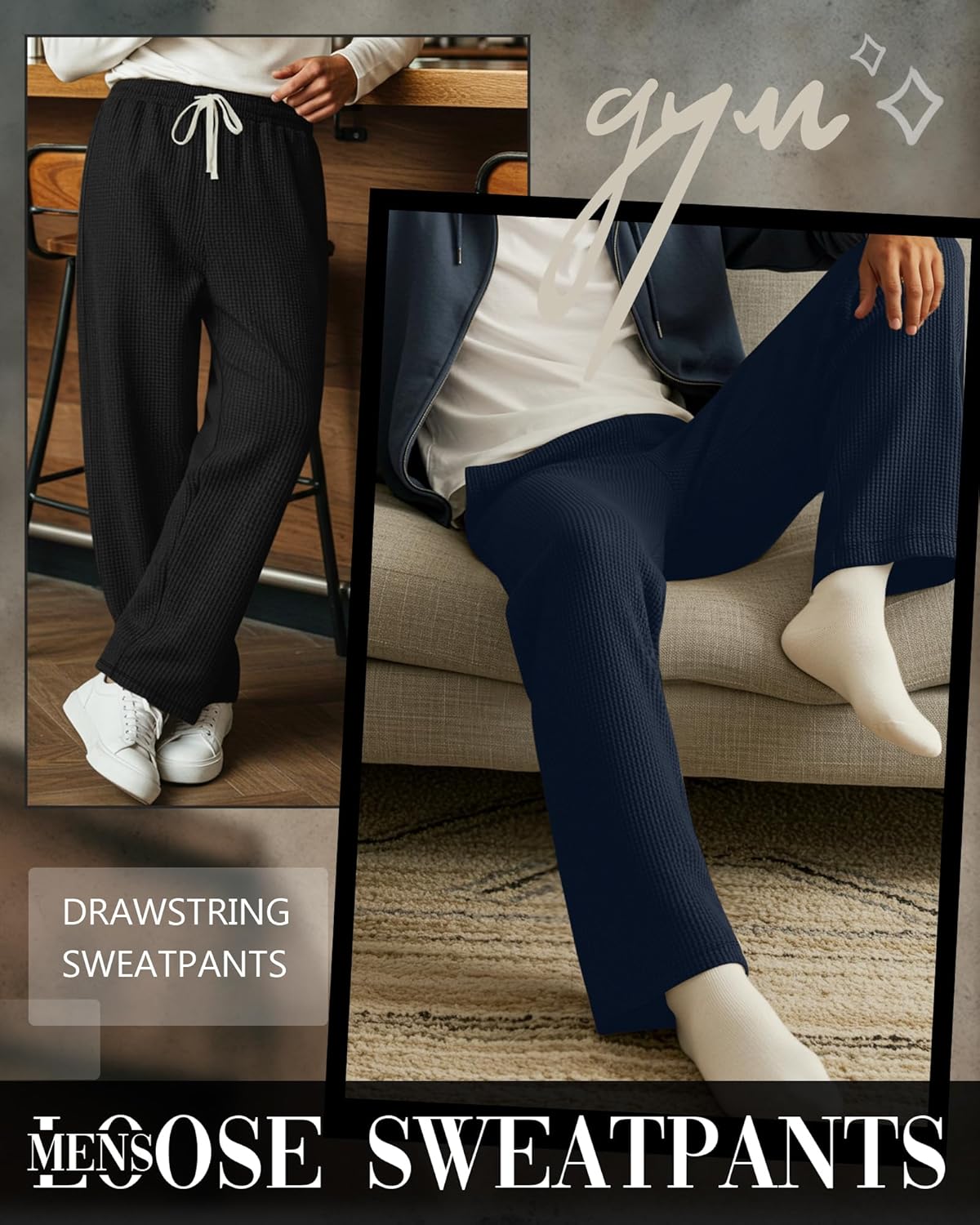 3 Pack Men's Waffle Pants Baggy Drawstring Casual Wide Leg Pants Elastic Waist Sweatpants with Pockets - Image 4