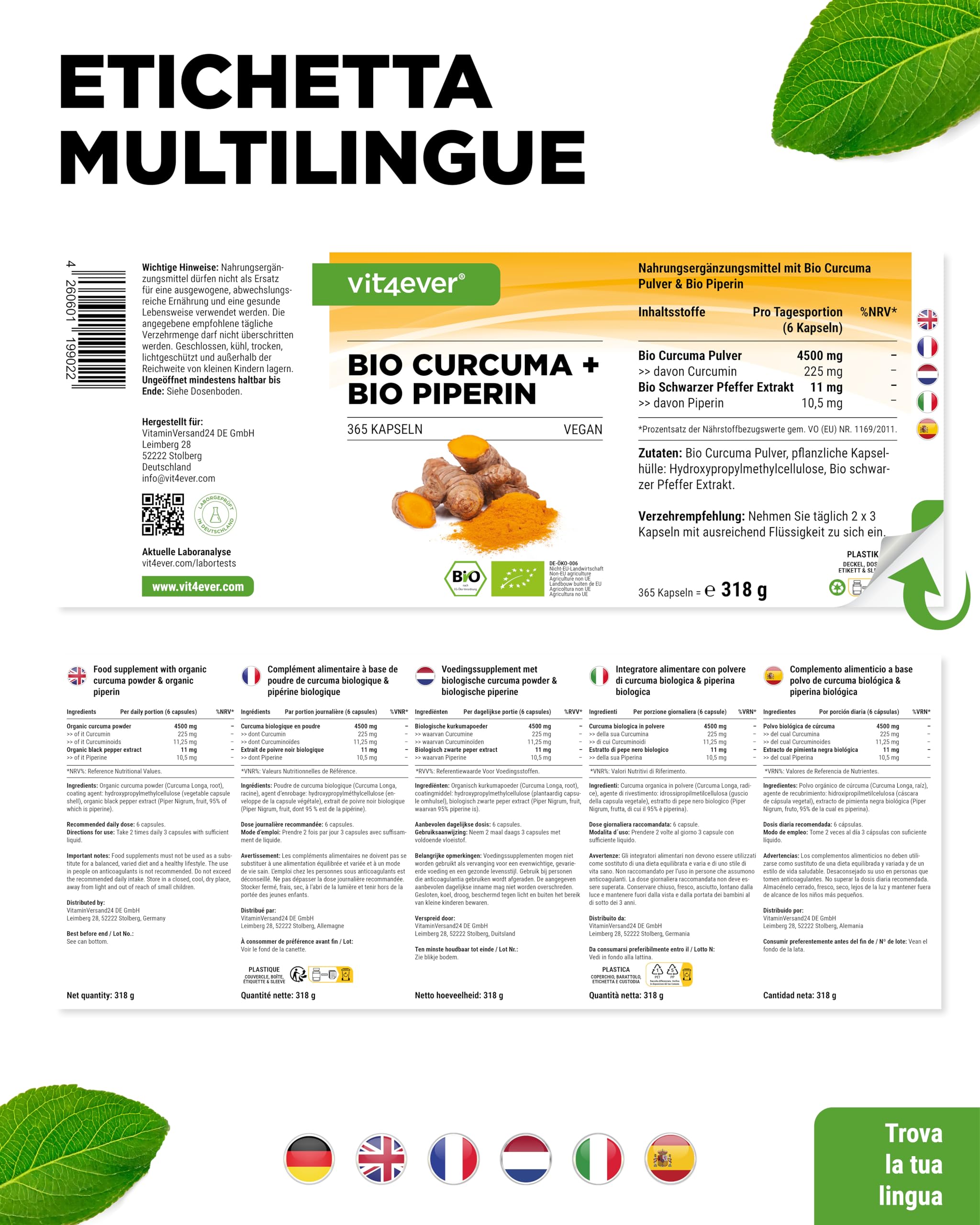 Curcuma organica con pepe nero - 365 capsule - 4511 mg di curcuma organica (Kurkuma) per dose giornaliera - con curcumina e piperina - 100% qualità organic - alto dosaggio - vegano