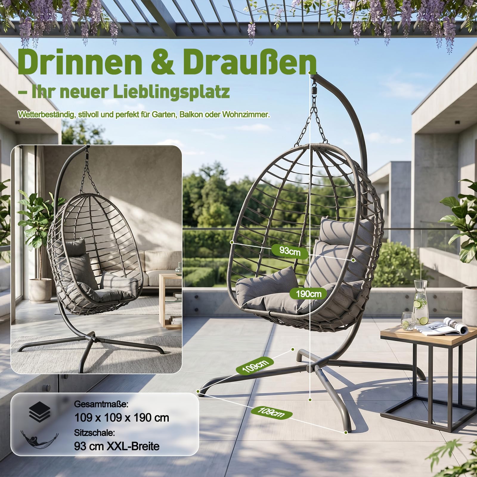 Sekey XXL Hängesessel mit Gestell, 93 cm Breiter Hängekorb mit Dickem Kissen (2 kg), bis 150 kg, Faltbarer Sitzkorb, 2-Punkt-Aufhängung & Kippsichere X-Basis, für In- & Outdoor, Balkon, Garten