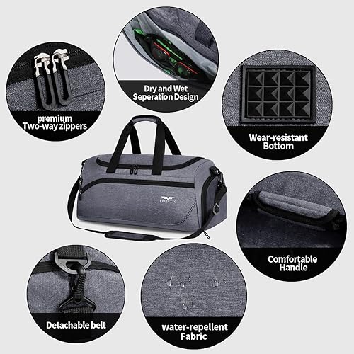 Miniatura 4 de FIORETTO Bolsa deportiva de gimnasio para hombre de 35 L con bolsillo húmedo y compartimento para zapatos bolsa de viaje con correa acolchada