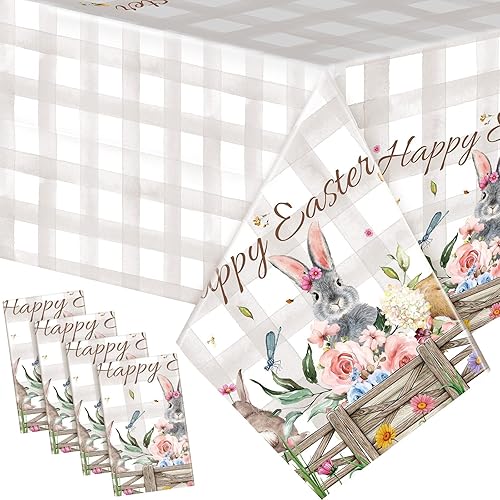 Miniatura 1 de Patelai 4 manteles rectangulares de plástico de 54 x 108 pulgadas, diseño de conejito de Pascua, flores de primavera, decoración para el hogar,