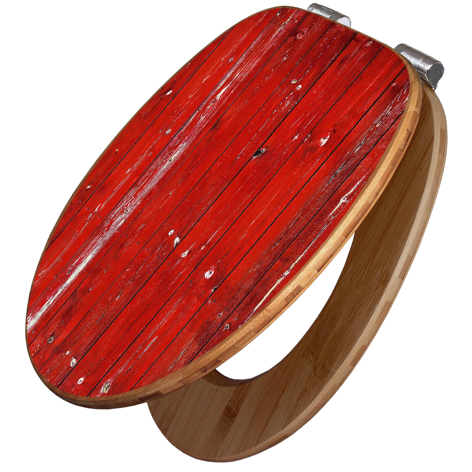banjado Design WC Sitz Bambus Absenkautomatik 45,8x37,5cm - Toilettendeckel mit Absenkautomatik Holz - hochwertiger Bambus Klodeckel - WC-Sitz für gängigen Toiletten - Motiv Rote Holzlatten