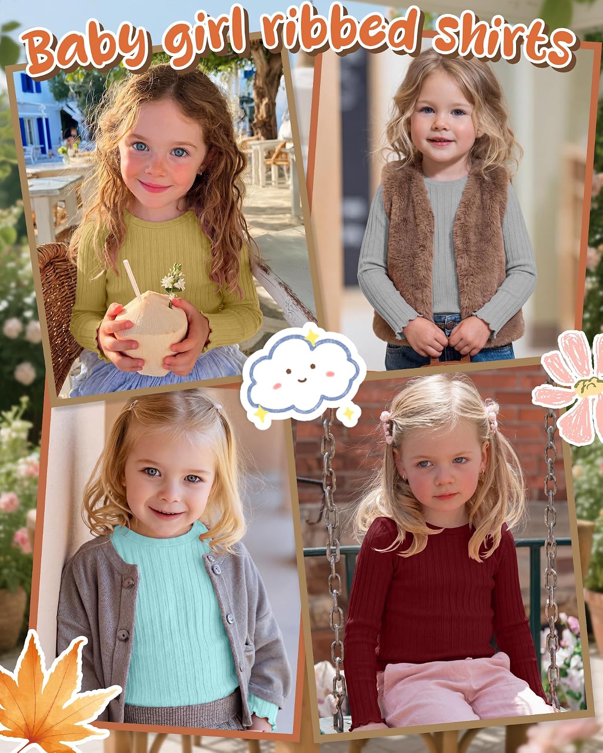 5 Pack Toddler Girls Long Sleeve Shirts Baby Ribbed Cotton Crewneck Tops Lettuce Trim Fitted Undershirts