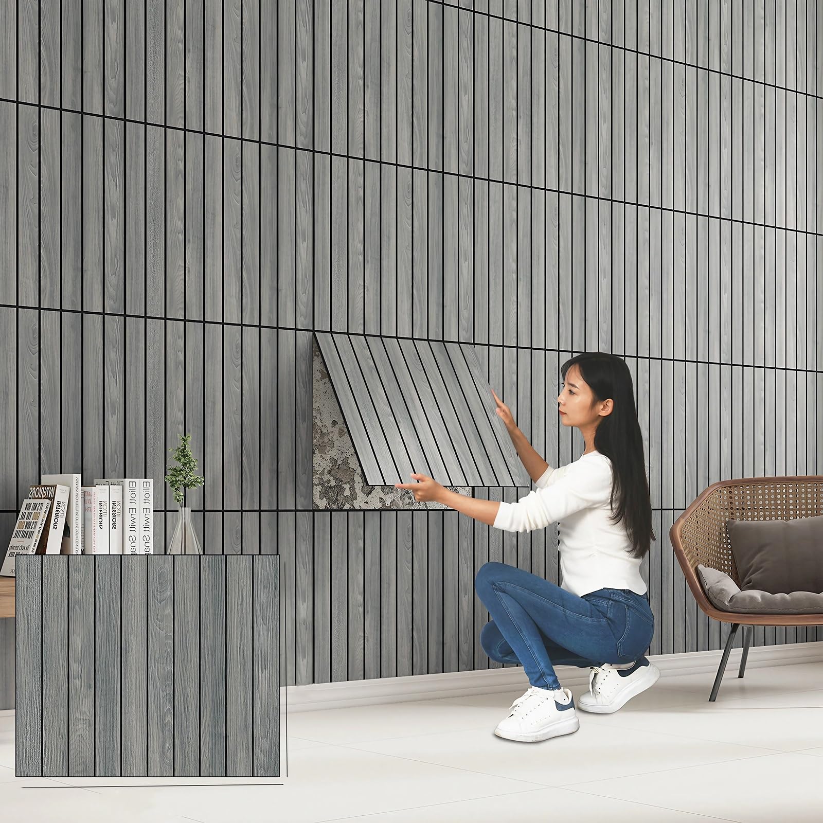 Pannelli Decorativi per Pareti Resistenti ai graffi e Lavabili, Pannelli Adesivi in PVC/IXPE, Panelli Legno per Camere, Soggiorni, Cucine & Bagni 60x50cm(Gray,5 set)