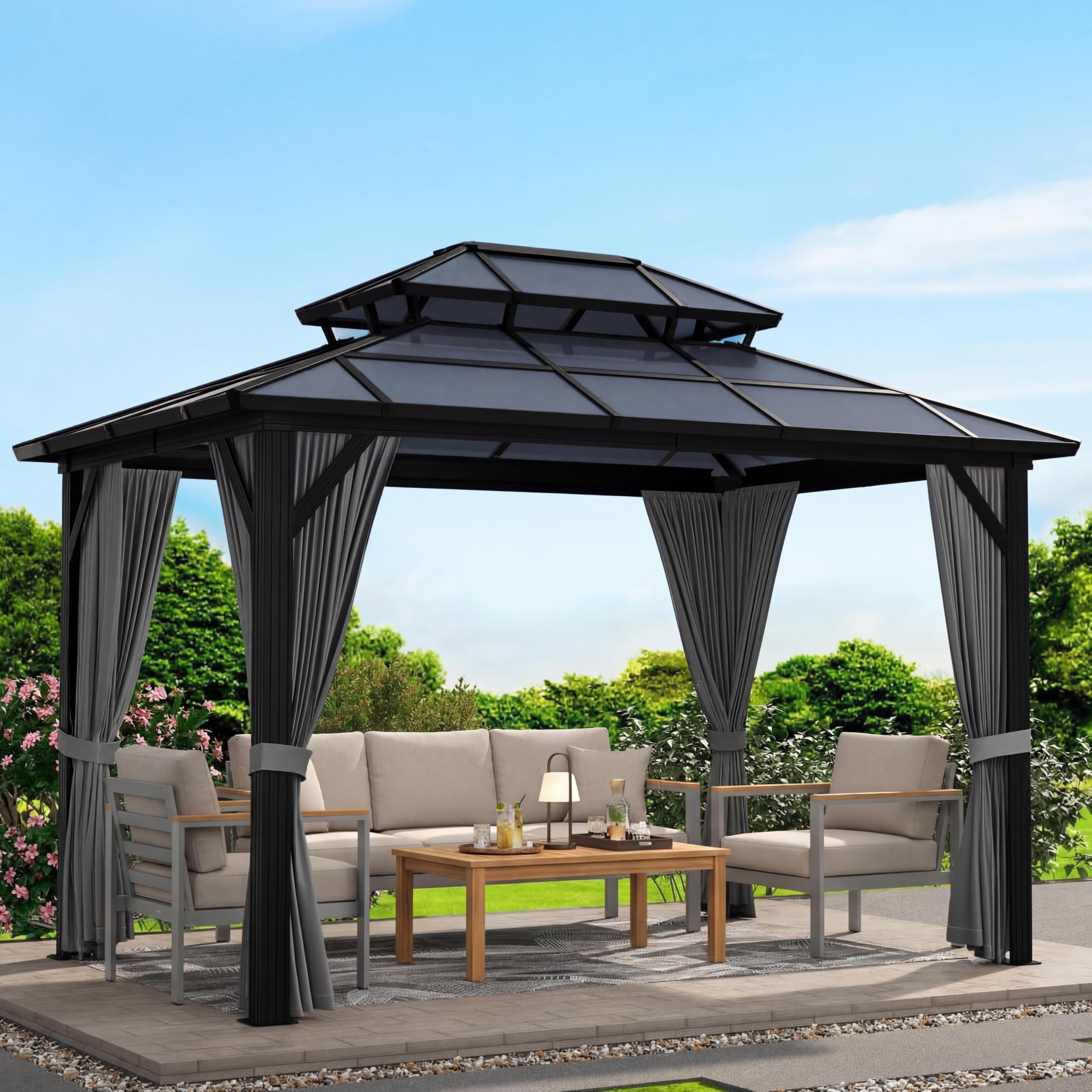 View 1 of ***MISSING PARTS***
10'X13' Hardtop Gazebo, Outdoor Polycarbonate Double Roof with Curtains and Netting, Aluminum Frame Sunshade for Patio, Garden and Lawn