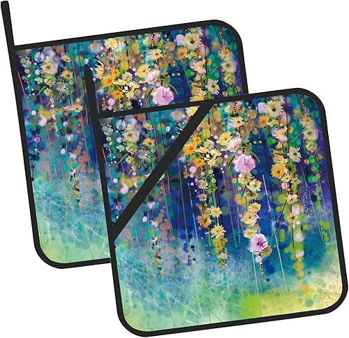 Juego de 2 soportes para ollas de pintura de acuarela floral abstracta, resistentes al calor, para microondas, horno, horno y barbacoa