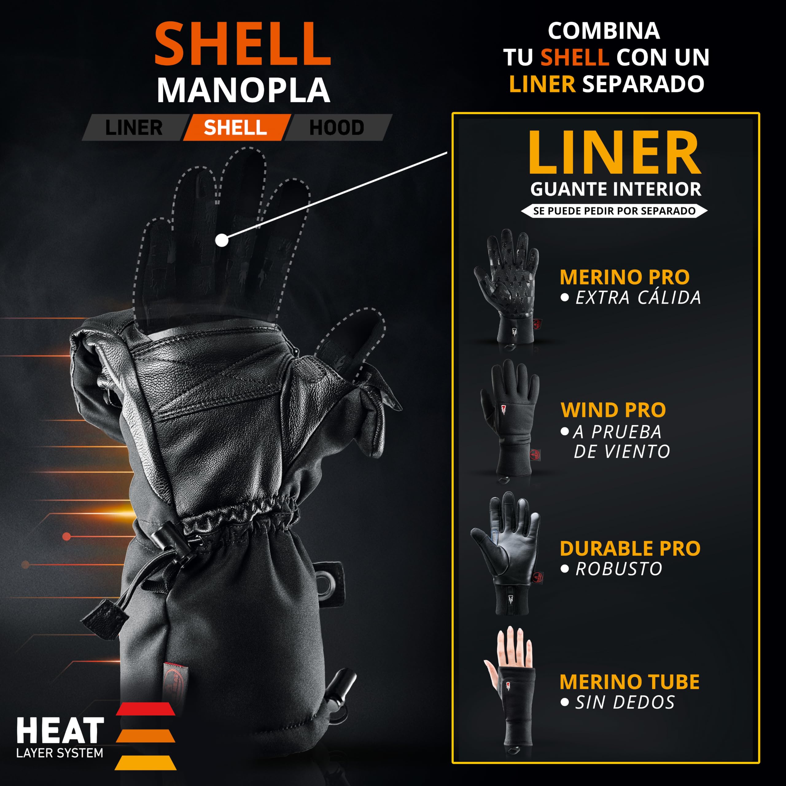 The Heat Company Shell Manoplas - Guantes Invierno Hombre & Mujer - Guantes Impermeables Hombre - Guantes Esqui Hombre & Mujer - Guantes Nieve - Guantes Snowboard Hombre - sin Liner