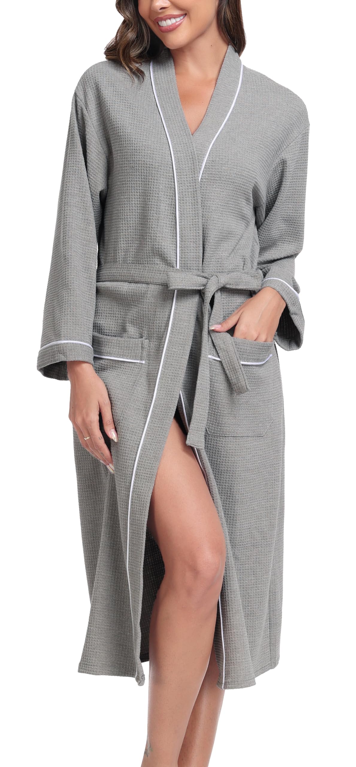 VlazomWaffle Dressing Gowns Unisex Kimono Robe Cotton Lightweight Bathrobe for All Seasons Spa Hotel Sleepwear S-XXL