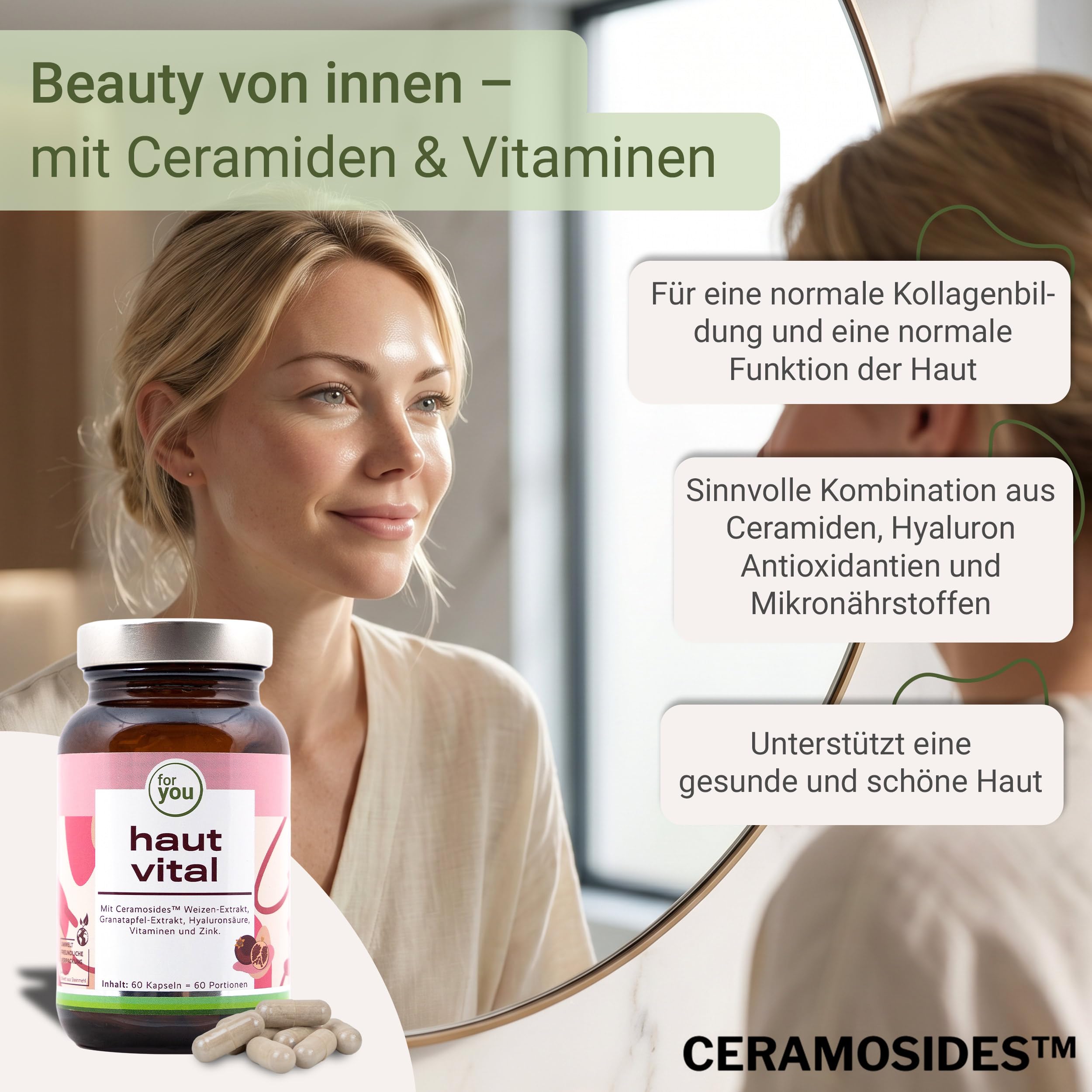 for you haut vital - 2x60 Doppelpack Kapseln mit Ceramosides™ Weizen- Lipid-Extrakt, Granatapfel-Extrakt, Hyaluronsäure, Vitaminen & Mineralstoffen zur Erhaltung normaler Haut - Schönheit von innen