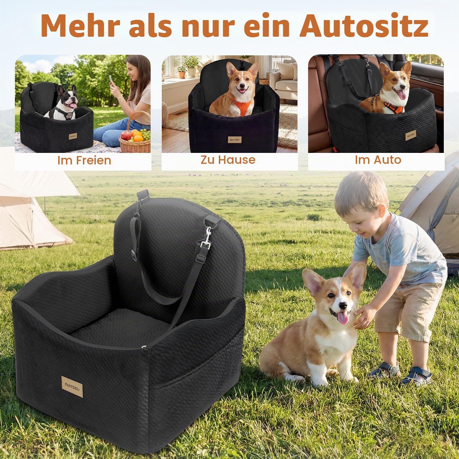 Hunde Autositz für kleine & mittlere Hunde, Wasserfest Hundesitz Auto | waschbarer Autositz Hund mit Sicherheitsgurt & Taschen, rutschfest, erhöhtes Hundebett für Rückbank & Beifahrersitz