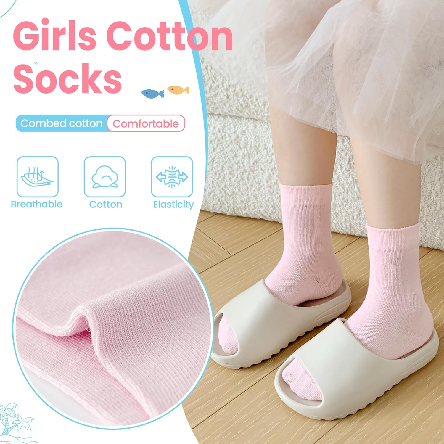 Eocom Girls Socks Little Kids Crew Socks Cotton Cute Youth Dress Socks 6 Pairs - Image 2