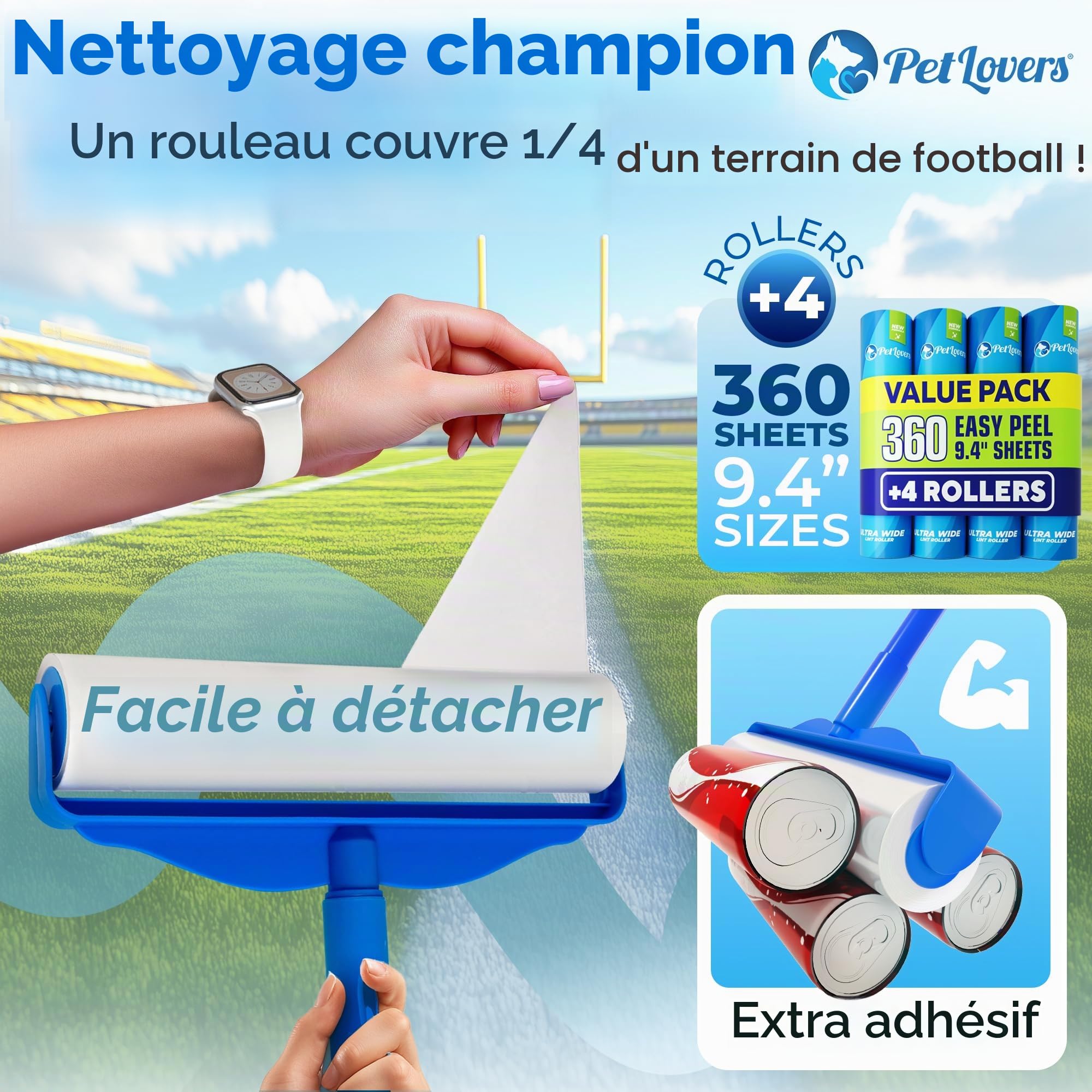 PetLovers Grand Rouleau anti-peluches avec 3 recharges – 360 feuilles au total pour lutter contre les poils d'animaux de compagnie, rouleau extra grand pour sol et moquette pour les maisons avec
