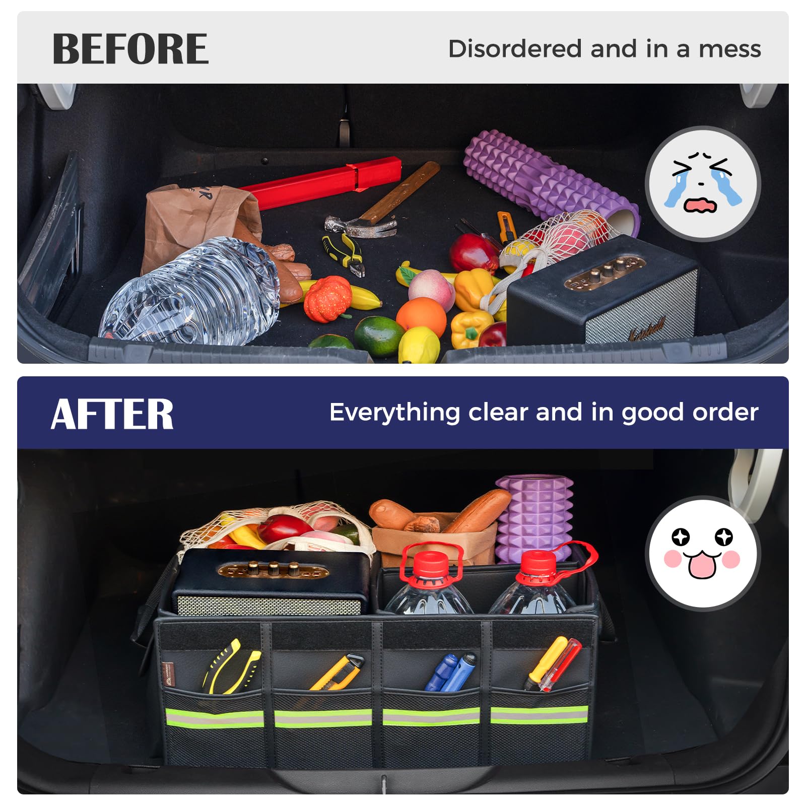 Coverado Organizador de Maletero Coche y SUV, Impermeable Bolsas para maletero de cuero napa, 70 L Plegable Caja maletero coche,Cubículo múltiple & Divisor, Fijar 2 correas