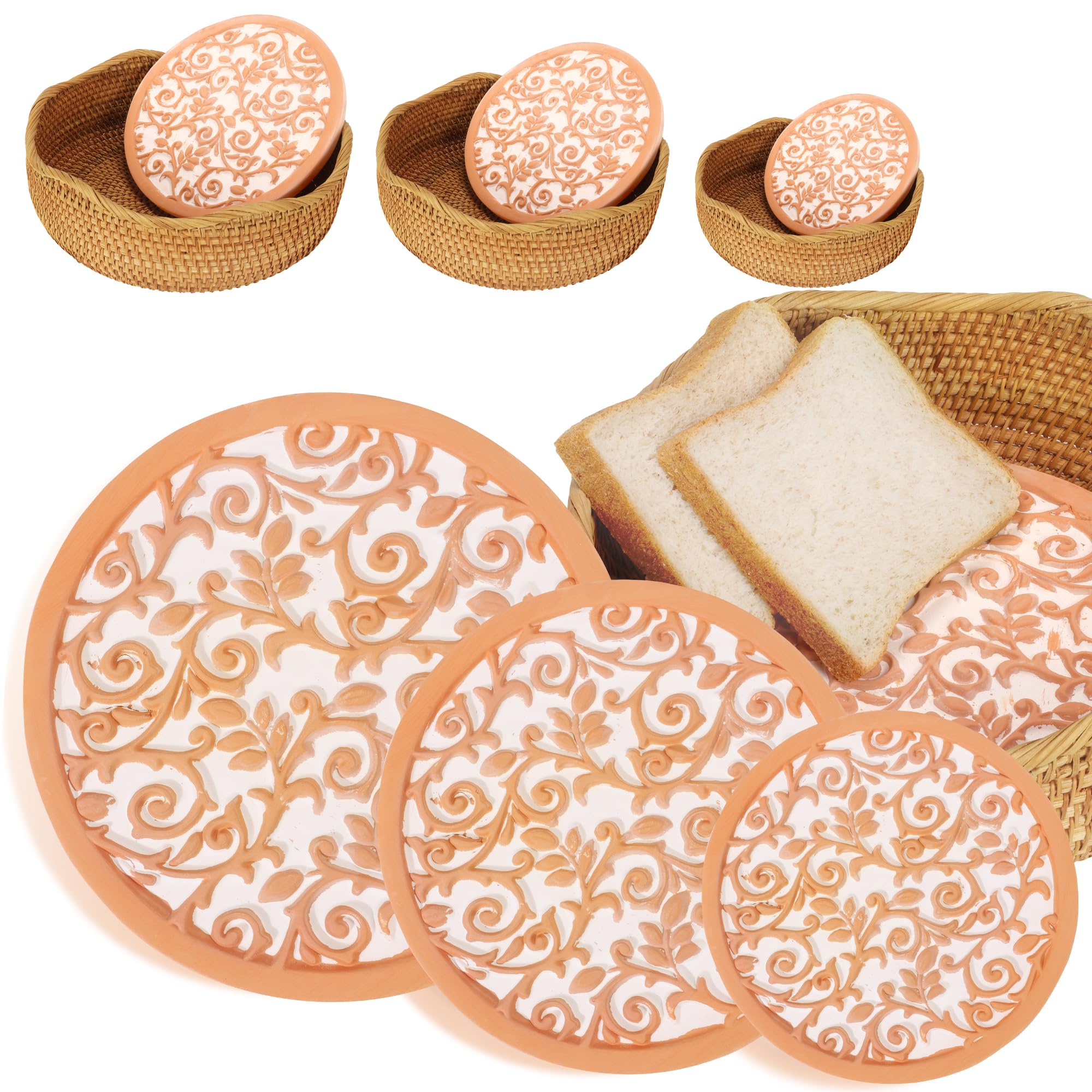Bread Warmer Set - 3 Rattan Bread Baskets with Terracotta Stone | Bun Warmer & Rustic Kitchen Decor | Christmas Gifts for Bakers & Housewarming Gifts for Women & Men