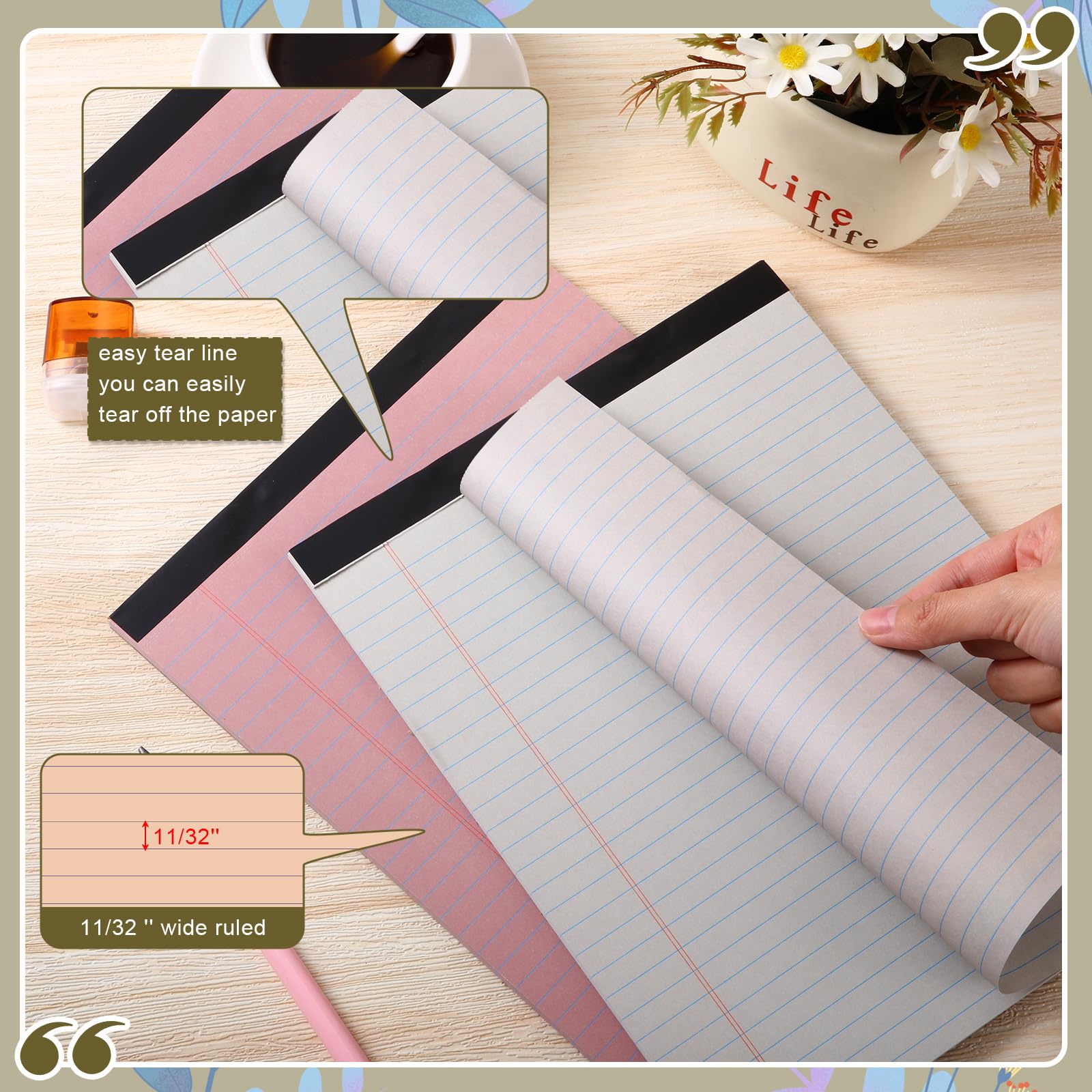 Fuutreo 8 blocchi per appunti, 21,9 x 27,9 cm, a righe larghe, 50 fogli per blocco note perforato, forniture per ufficio per scuola, università, ufficio, affari (colori vivaci)