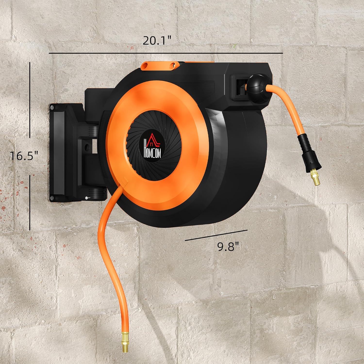 HOMCOM Retractable Air Hose Reel, Wall Mounted Air Compressor Hose Reel with Swivel Bracket, Auto Rewind, 3/8 in x 82 ft, 6.6 ft Lead in, 300 PSI, Air Coupler, Black and Orange