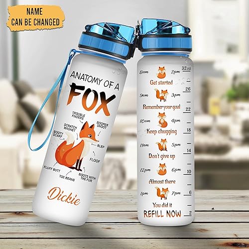 Miniatura 2 de Hyturtle Botella de agua motivacional personalizada de Fox Lovers de 32 onzas, 1 litro, anatomía de un zorro, botella de agua con nombre