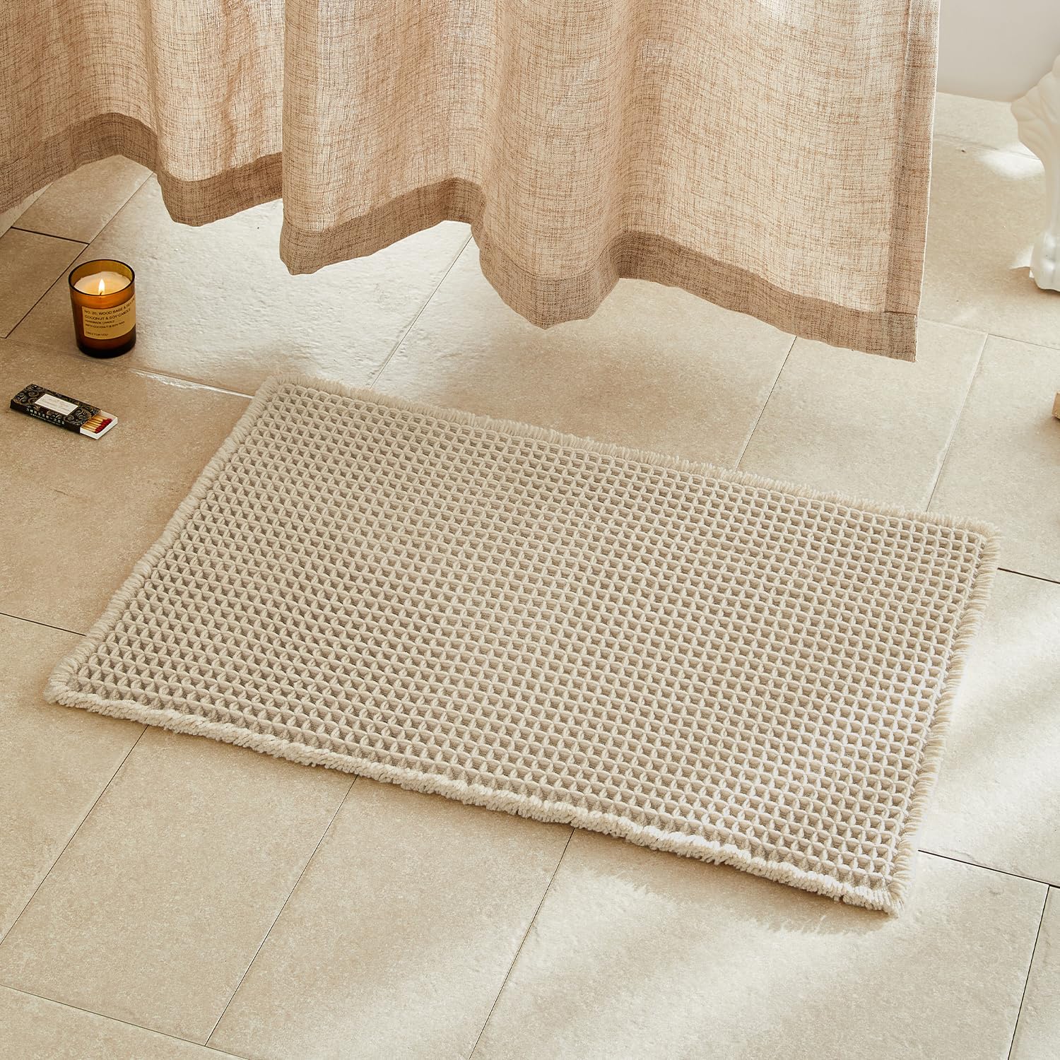 TYUU Waffle Bath Mat, Boho Bathroom Rugs Non Slip, 30x20 Pale Beige