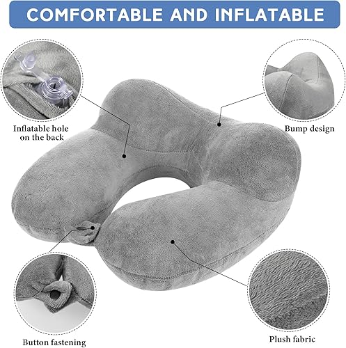 Miniatura 3 de Paquete de 2 almohadas inflables de viaje para aviones, almohadas inflables para el cuello con bolsa compacta y almohada de vuelo suave para viajes,