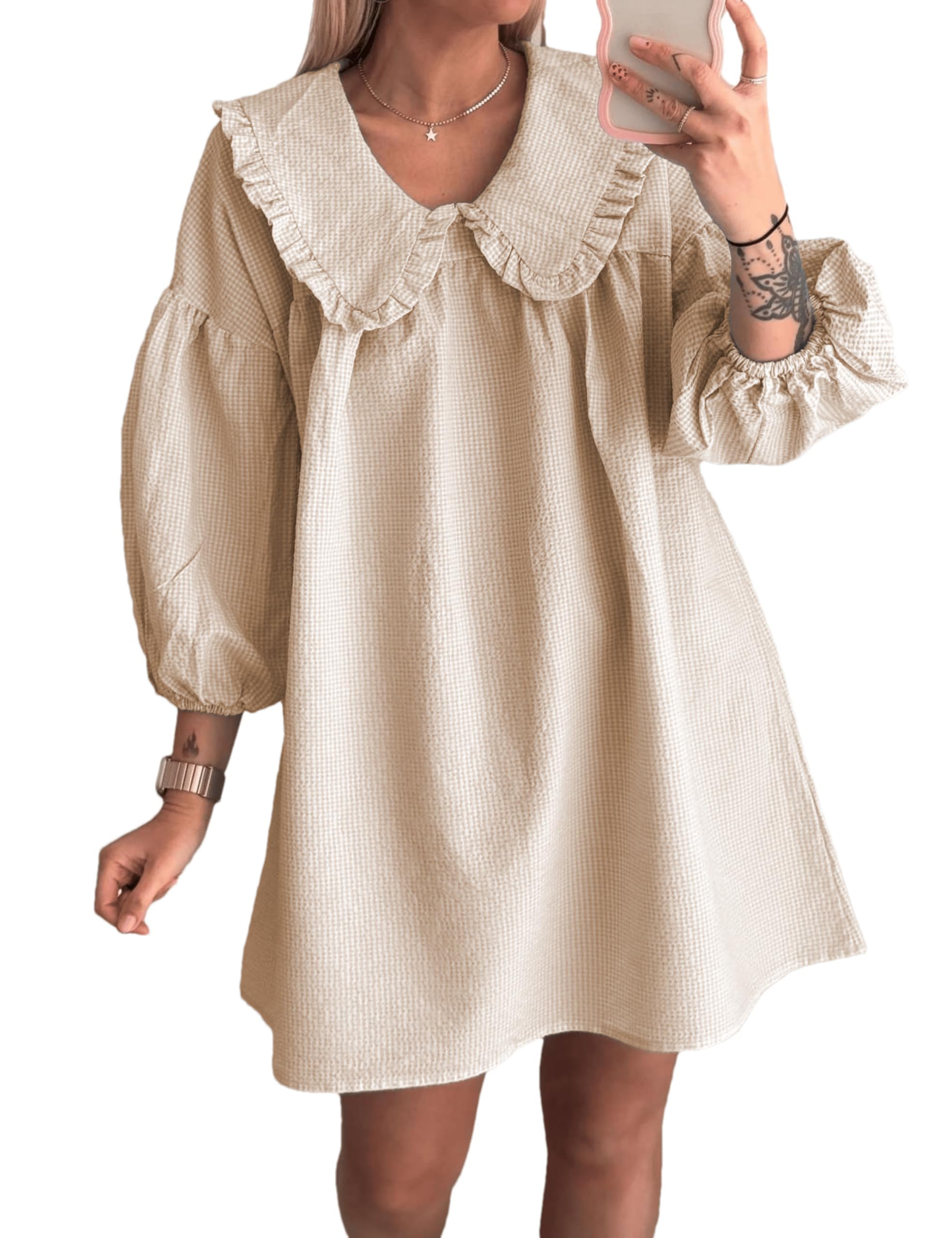 Ynhonra Women's Gingham Mini Dress 3/4 Puff Sleeve Babydoll Doll Collar Global Recycled Standard Global Recycled Standard Global Recycled Standard