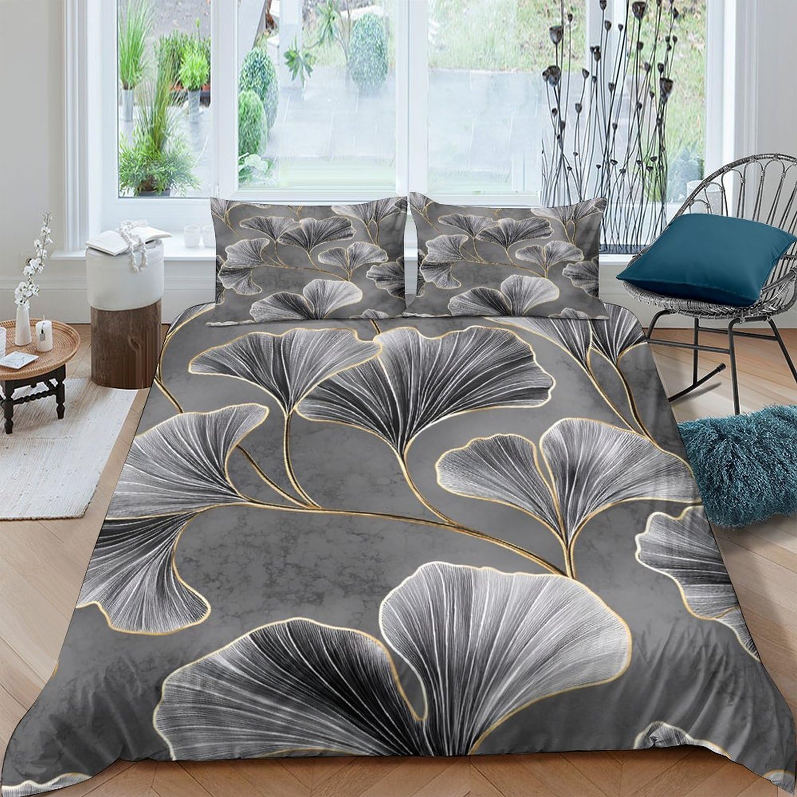 Ctjqhvkz Style-10 3D Printed Ginkgo Leaf Fitted Sheet Microfiber Grey Gold Artistic Bed Cover For Bedroom Guest Room Mattress Decor Single（135X200cm）