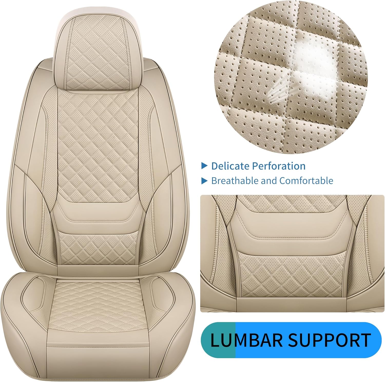Chezope Car Faux Leather Seat Covers with Lumbar Support & Seat Cushion Ergonomic 3D Support, Custom Fit for 2002-2026 Dodge Ram 1500/2500/3500 Crew/Quad/Regular Cab Pickup(Beige-Diamonds, Front Pair)