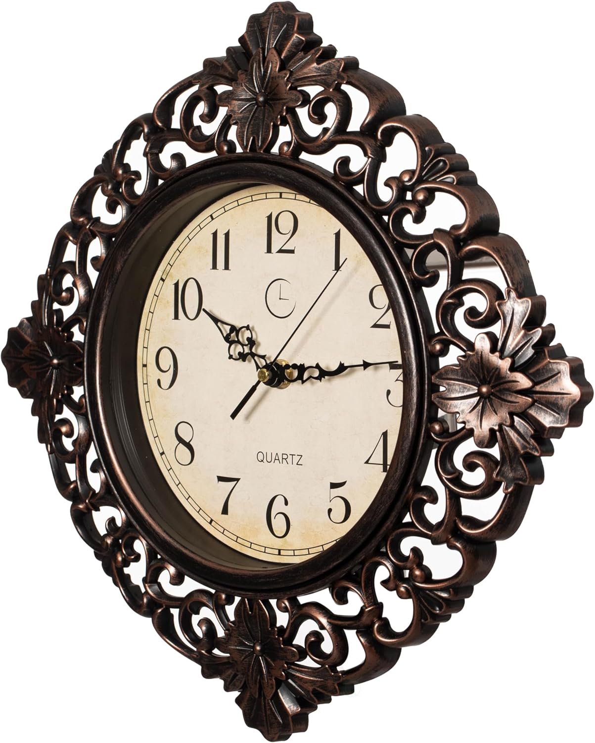 Clockswise 11" Classic Round Decorative Hanging Wall Clock with Ornate Floral Scroll Frame in Vintage Distressed Finish for Home Entryway Living Room Bedroom Kitchen Office Hotel & Restaurant, Brown