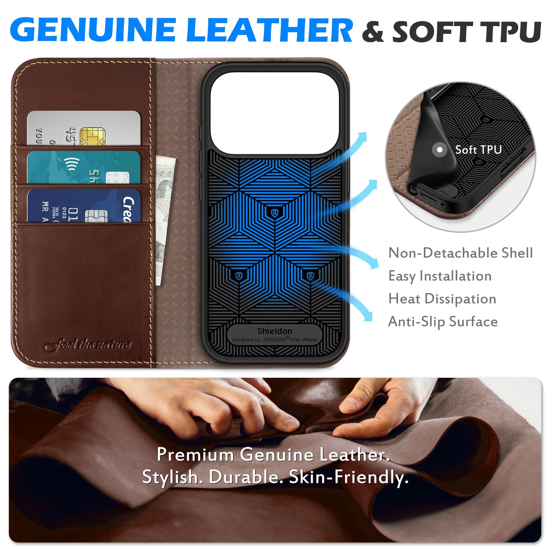 SHIELDON Hoesje voor iPhone 17 Pro 5G, [Kaartenvak] [Standfunctie] [RFID- blokker] TPU compatibel met iPhone 17 Pro 6,3 2025 - Marineblauw