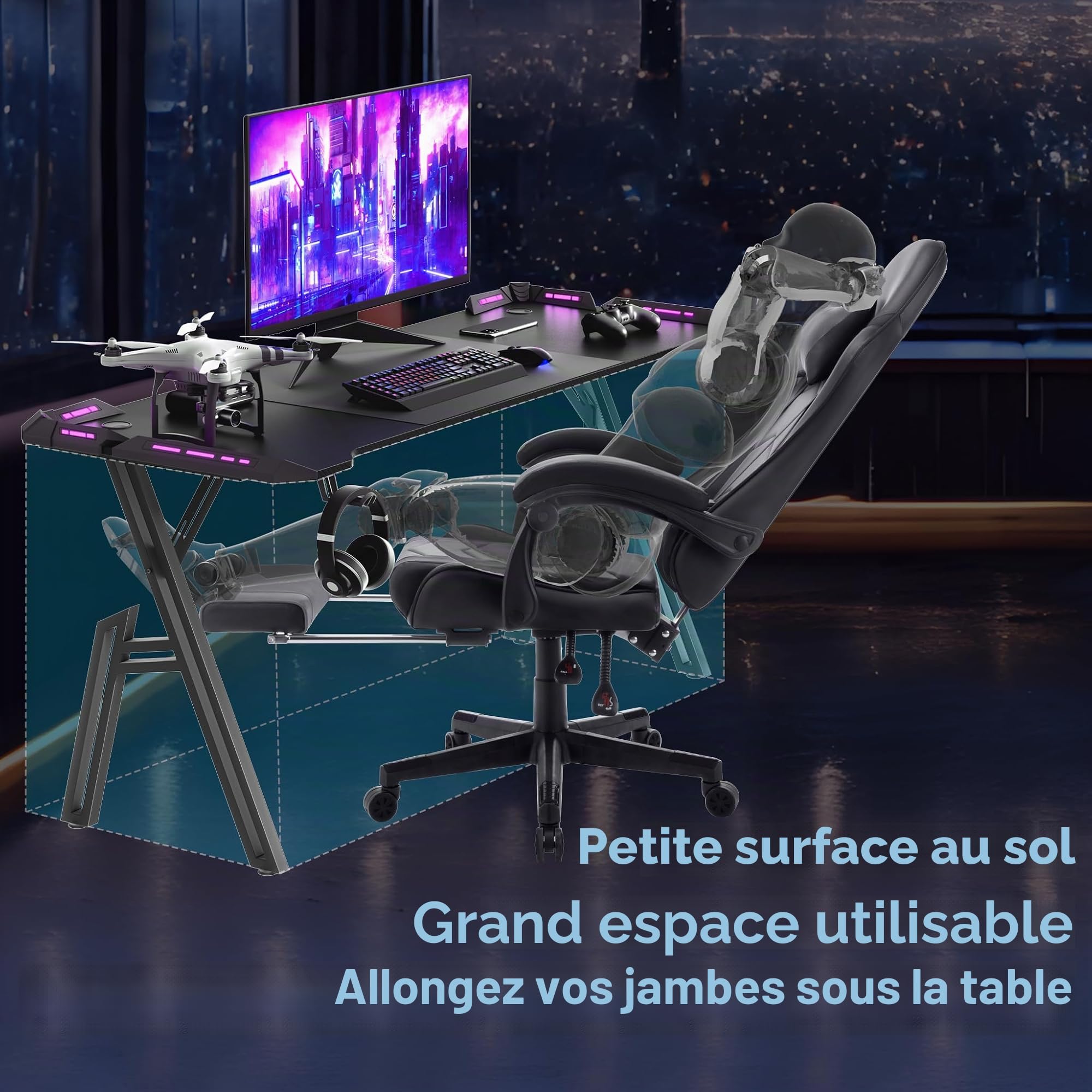 UISEBRT Bureau de gaming 140 x 60 cm, surface en fibre de carbone, en forme de A, avec lumière LED RVB, bureau d'angle ergonomique avec crochet pour casque et porte-gobelet