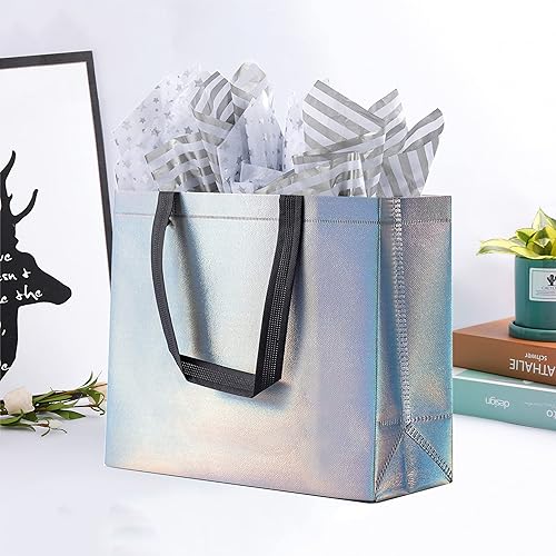 Miniatura 10 de SHIPKEY Paquete de 4 bolsas de regalo plateadas con papel de seda, 12.5 x 4.7 x 11 pulgadas, bolsas de regalo reutilizables, bolsas de regalo