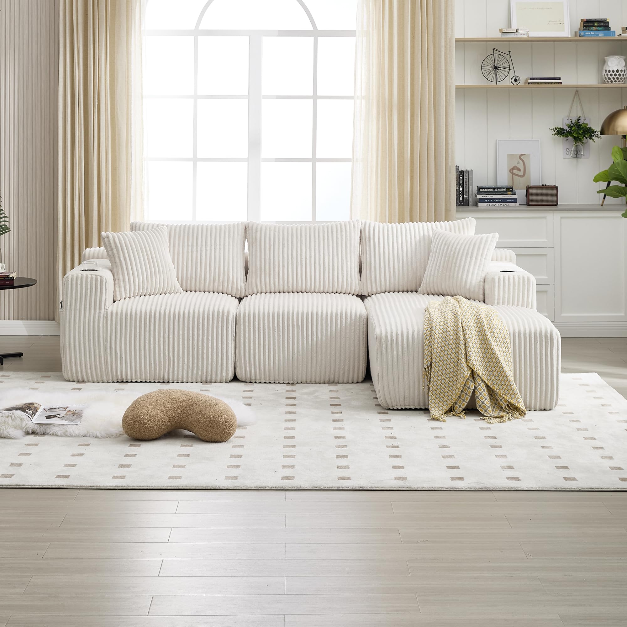 Sofá modular con chaise longue y 2 plazas, suave tapizado de terciopelo con 5 cojines, bolsillos laterales, portavasos, espuma de alta densidad, combinación DIY, para salón, apartamento