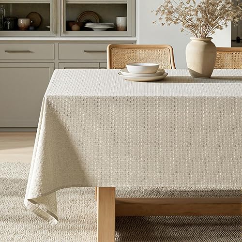MIULEE Natural Linen Cottton Table Cloth Rectangle Tablecloth Waterproof Spillproof Cross-Star Textured Table Cltoth Decorative Farmhouse Style for Dining Party Weddings 60x84 Inch