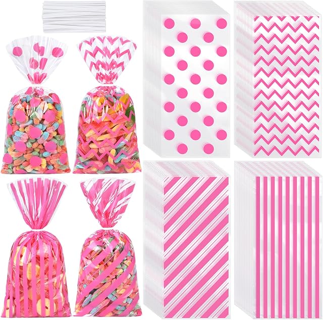 Aodaer 100 Pieces Pink Cellophane Bags Polka Dot Stripes Printed Pattern Goodie Gift Bags with Twist Ties for Birthday, Baby Showers, Weddings Party Supplies