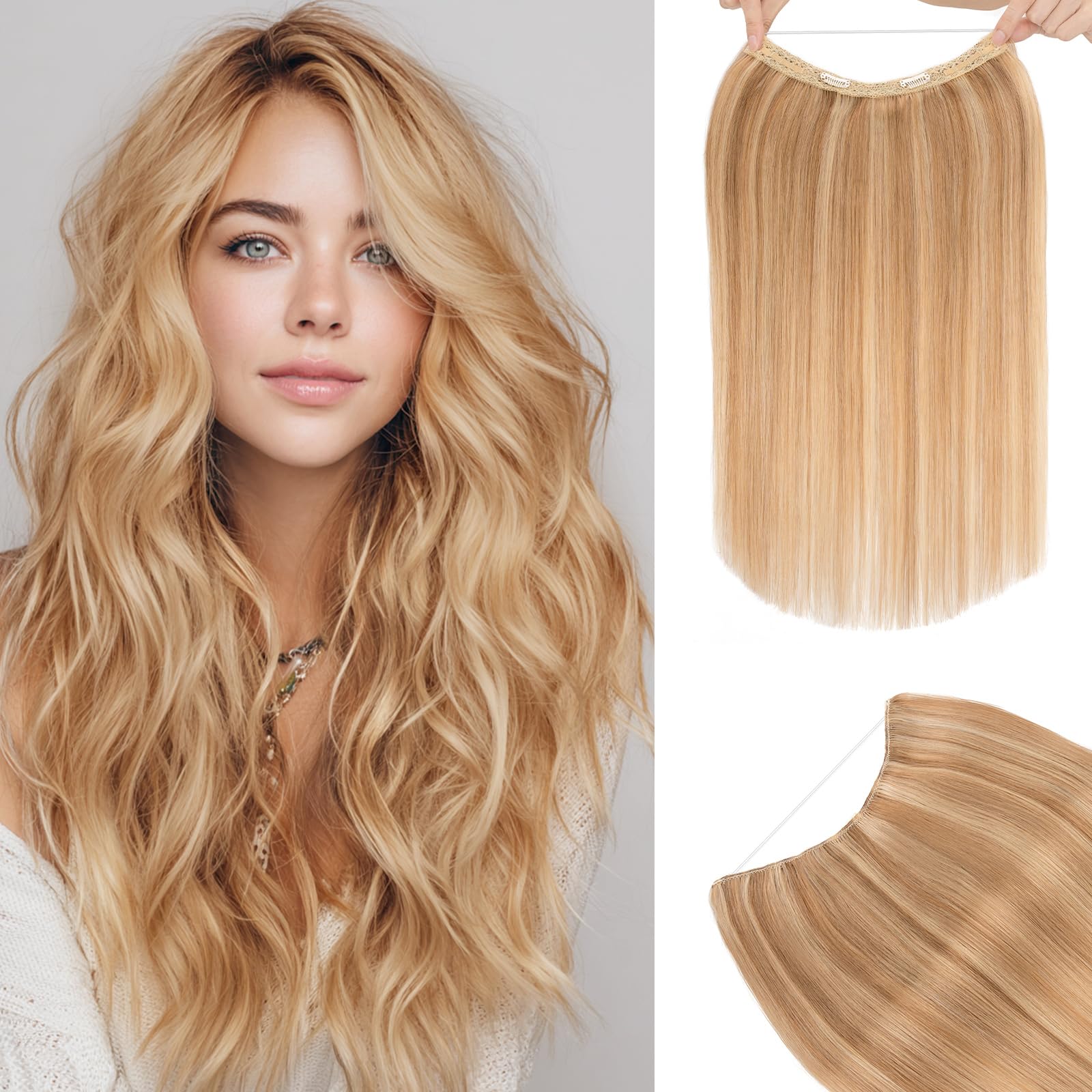 TESS Halo Hair Extensions Real Human Hair Remy Hair 20 Inch Straight Adjustable Invisible Wire Easy to Use Clip in, Flax Yellow mixed Light gold