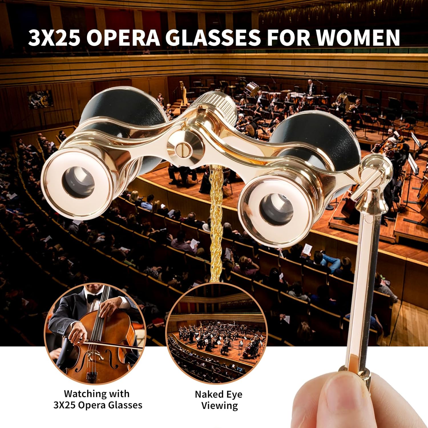 3X25 Opera Glasses Theater Binoculars Compact with Adjustable Handle & Chain, Portable Vintage Theater Glasses Mini Binoculars for Adults Women Kids for Concerts Opera Houses Cinema(Black)