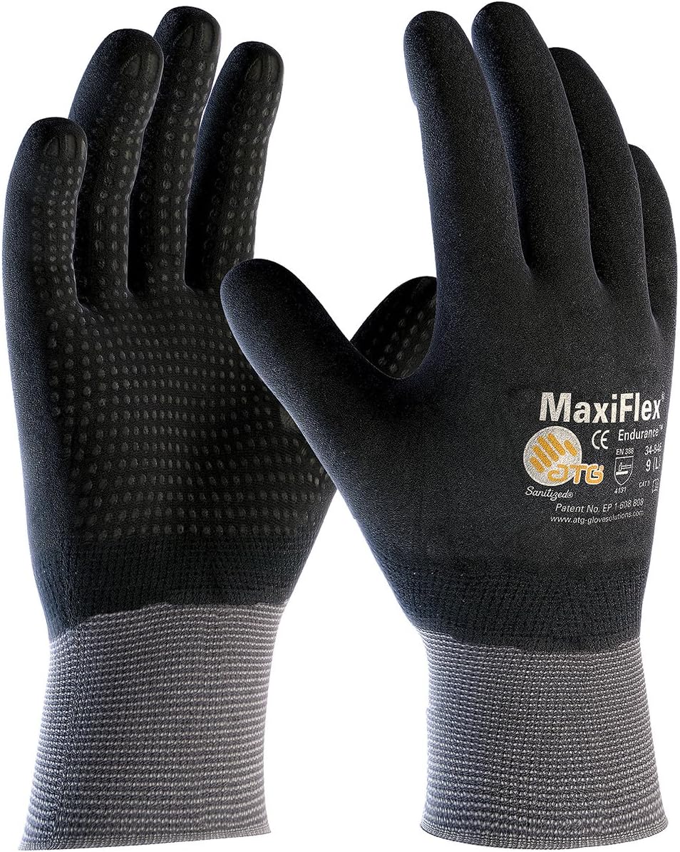 34-846/M MaxiFlex Endurance by ATG Black Latex Full Coated Work Gloves with Nylon and Lycra Liner and Continuous Knit Wrist