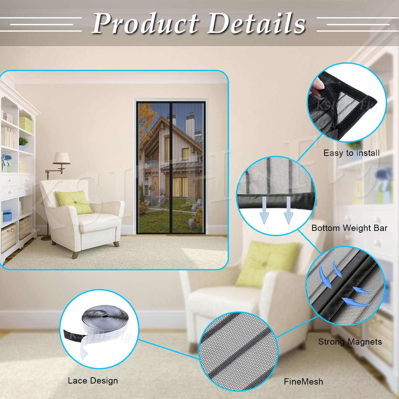 Moustiquaire Porte Rideau 75x225cm Fermeture Automatique Aimant Magnétique Moustiquaire Arrêter Autres Insectes Bestioles Pour Couloirs, Portes