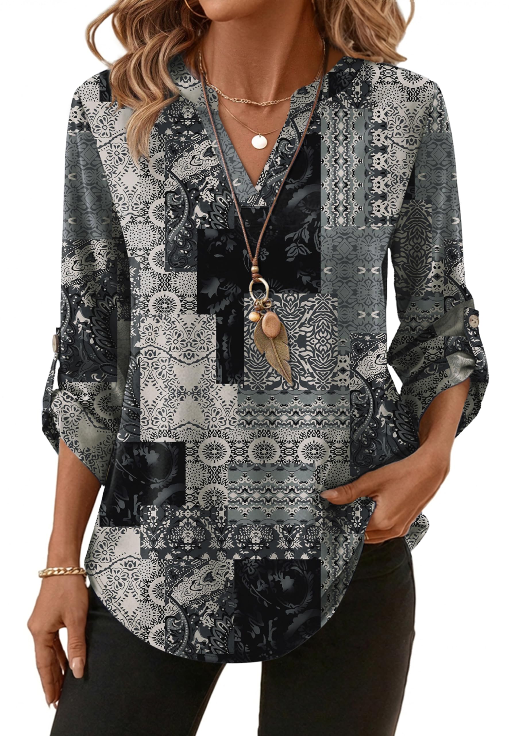 XIEERDUO 3/4 Length Sleeve Womens Tops V Neck T Shirts Both Side Buttons Blouses Business Casual Outfits Loose Fit